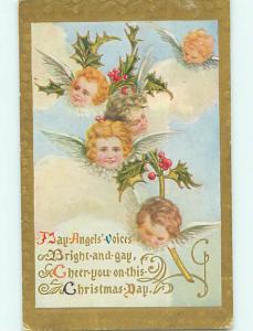 Divided-Back christmas CHERUB HEADS GROW ON HOLLY BRANCH - FANTASY v2263