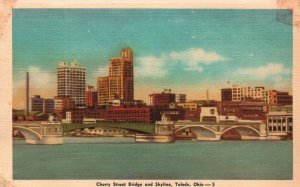 Vintage Postcard 1930's Cherry Street Bridge And Skyline Toledo Ohio St. John's