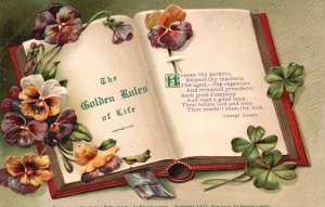 Vintage Postcard 1910s Book The Golden Rules Of Life Honour Thy Parents Greeting