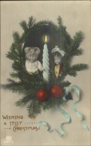 Christmas - Dolls & Candle Ornaments c1910 Tinted Real Photo Postcard