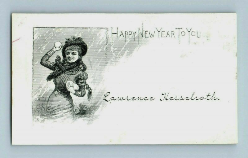 1870's-80's New Year's Card Beautiful Lady Throwing Snowballs P161 