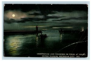 C.1910 Lighthouse Piers Moonlight Night Michigan City Indiana Postcard P94 