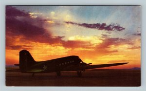 Aircraft - US Army Air Force Douglas C-47 Cargo Plane At Sunset, Chrome Postcard