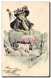 Old Postcard Cochon Pig Woman