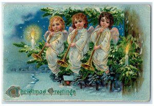 1908 Christmas Greetings Angels Flute Candle Winter Embossed Tuck's Postcard