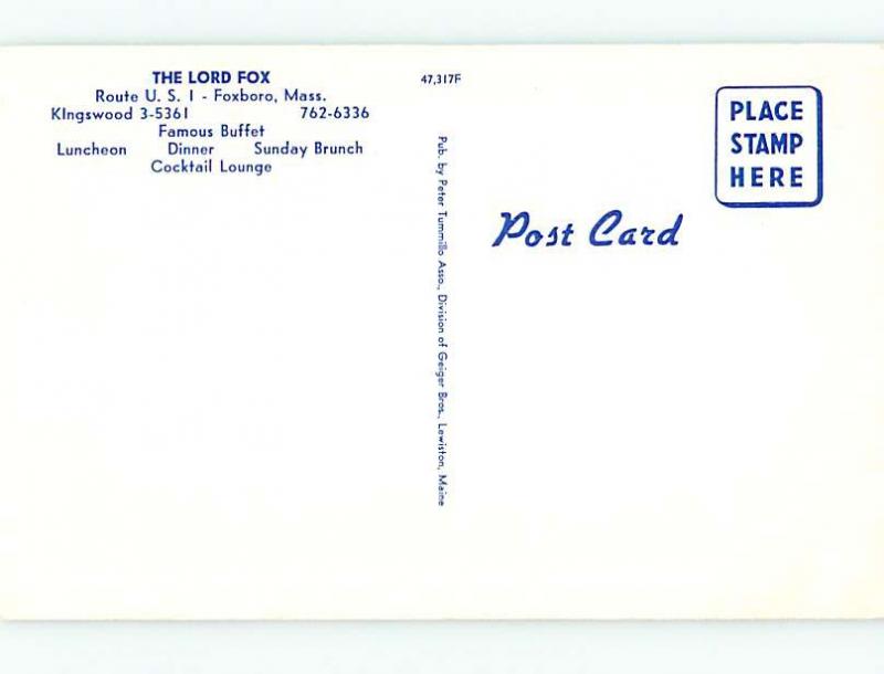 Unused Pre-1980 LORD FOX RESTAURANT Foxboro Massachusetts MA s0463