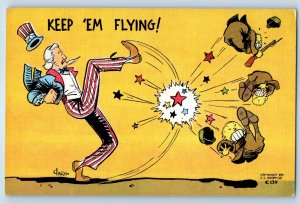 c1930's Uncle Sam Kicked Japanese Soldiers Keep Em Flying WWII Vintage Postcard