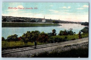 Janesville Wisconsin WI Postcard Birds Eye View Lake Railroad Trees 1910 Vintage