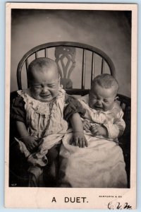 DPO (1867-1942) Linwood Maryland Postcard RPPC Photo Twins Baby Crying A Duet