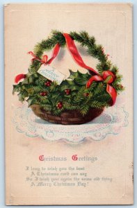 1922 Christmas Greetings Holly Berries Basket Embossed Brooklyn NY Postcard