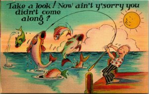 Comic Exaggeration Fishing Sorry You Didnt Come Linen Asheville Postcard UNP