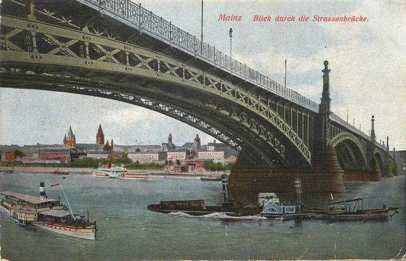 Germany navigation themed postcard Mainz Strassenbrucke paddle steamer