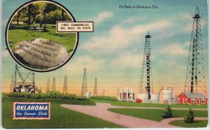 OKLAHOMA CITY, OK ~ First Oil Well & OIL FIELD SCENE c1940s Linen Postcard