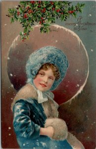 Christmas Beautiful Victorian Girl Blue Hat Coat Snow Flocked Moon Postcard Z1
