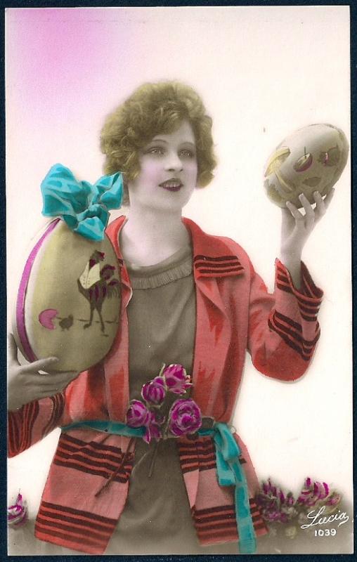 Lady Giant Easter Eggs Hand Color REAL PHOTO unused c1920's