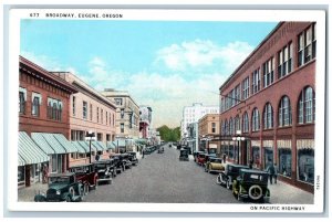 Eugene Oregon OR Postcard Broadway Business Section Scene c1940's Antique Cars