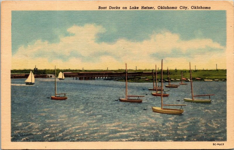 Vtg Oklahoma City OK Boat Docks On Lake Hefner 1950s Unused Linen Postcard