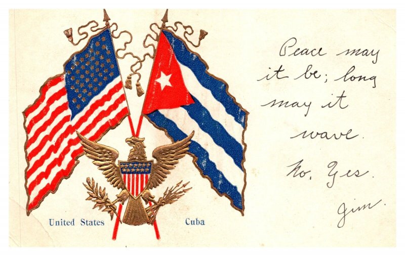 Postcard Patriotic United States Cuba flags Eagle Shield embossed
