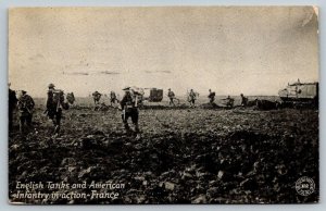 WW1  English Tanks and American Infantry in Action  France  Postcard