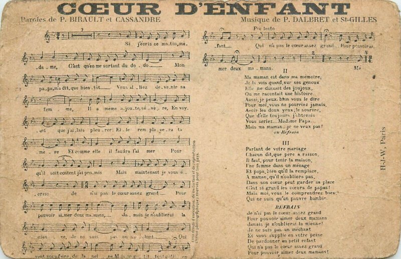 Music related postcard song lied France Coeur d`Enfant