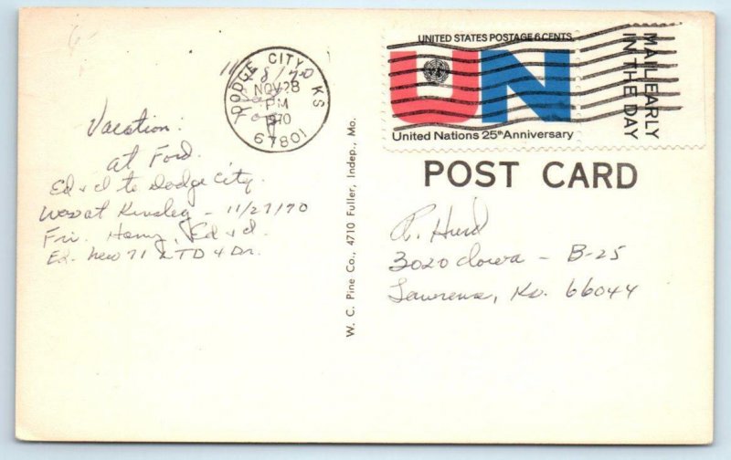 KINSLEY, Kansas KS ~ HIGH SCHOOL ca 1950s Car - Edwards County Postcard