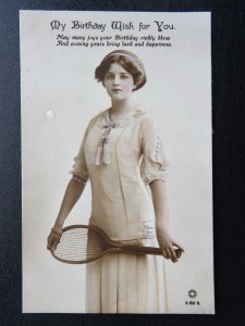 Birthday Greetings WOMAN IN TENNIS OUTFIT & RACKET c1920s RP Postcard by Rotary