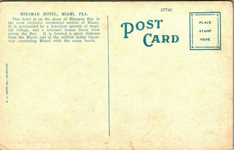 Miramar Hotel Antique Auto Miami Florida FL UNP 1920s Vtg Postcard