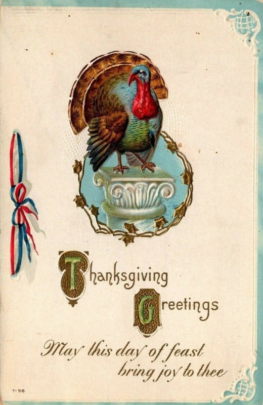 Thanksgiving Greetings Turkey Embossed Vintage Postcard 09.00