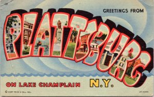 Postcard  Greetings from Plattsburg NY - Large Letter Curt Teich 2055