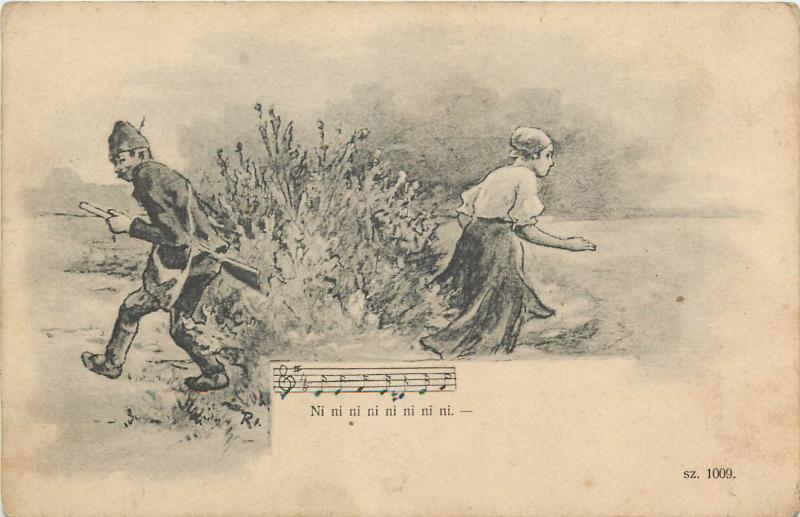 WW1 soldier rifle uniform caricature peasant woman Ni ni ni ni ni ni. music lied