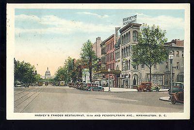 Vintage Washington, DC Postcard, Harvey's Famous Restaurant, Old Cars