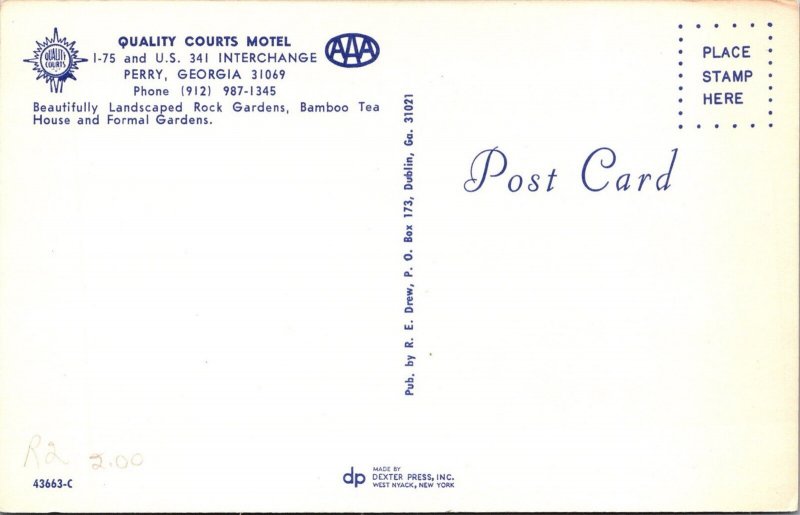 Perry Georgia~Quality Courts Motel~Davis Bros Cafeteria~1950s Cars~Postcard JC16