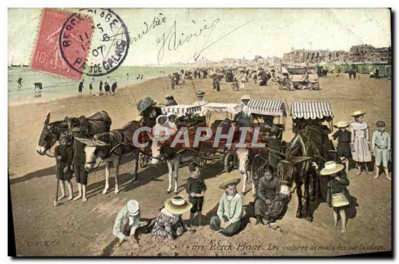 Old Postcard Donkey Mule Berck Beach Sick cars on the beach