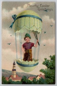 Easter Greeting Floating Egg Balloon with Child Above Church PFB Postcard A21