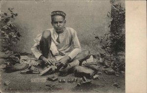 India Young Indian Boy Man Cobbler with Trade Tools c1910 Vintage Postcard