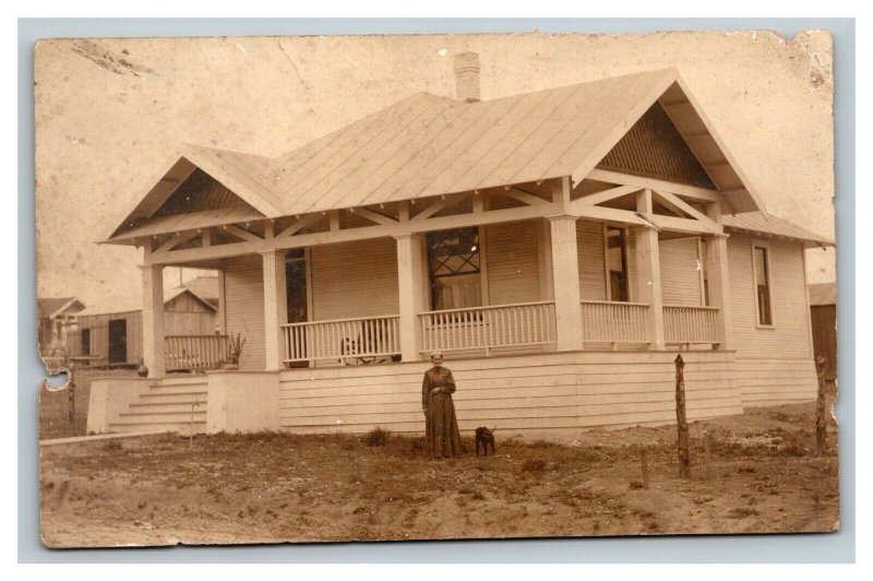 Vintage 1900's RPPC Postcard Craftsman Home Woman and her Dog