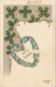 Blue Forget Me Nots Heart shaped Wreath & Green Shamrocks The Language of Flower