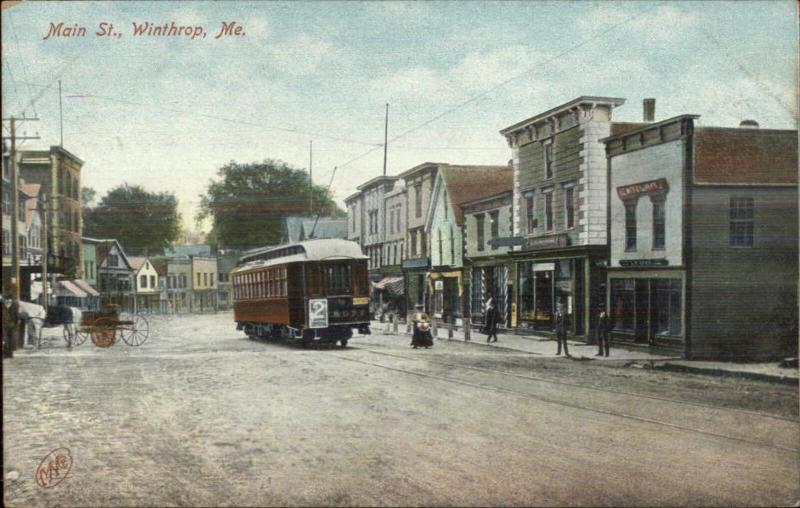 Winthrop ME Main St. Trolley c1910 Postcard