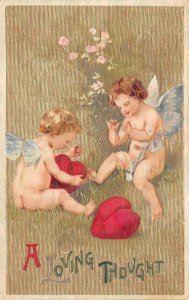 VALENTINE HOLIDAY ANGEL CUPID HEARTS A LOVING THOUGHT EMBOSSED POSTCARD 1910