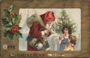 Christmas Santa Claus Taps Nose Children Girls Gilt Embossed c1900s-20s Postcard