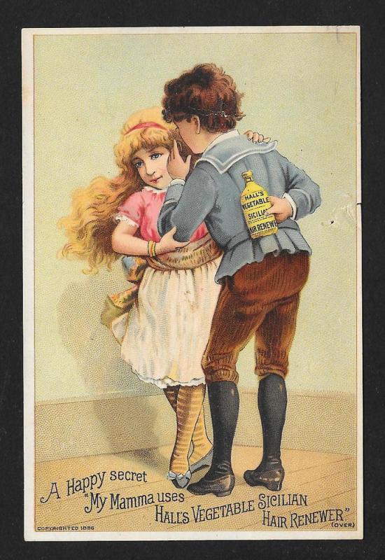 VICTORIAN TRADE CARD Hall's Hair Renewer Girl Boy w/Bottle