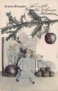 FRÖHLICHE WEIHNACHTE! MERRY CHRISTMAS-DOLL & TOYS~1912 GERMAN POSTCARD