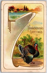 1910's Thanksgiving Greetings Turkey & House River Landscape Posted Postcard