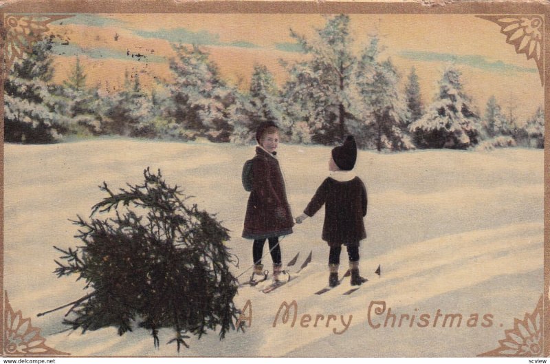 CHRISTMAS, PU-1910; A Merry Christmas, Kids Pulling A Tree