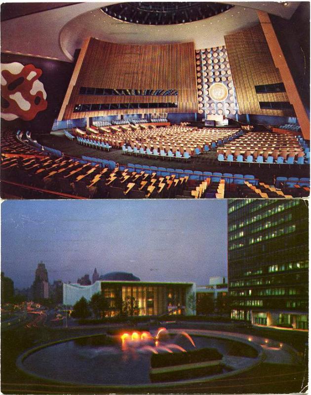 (2 cards) General Assembly Hall & Fountain United Nations New York City