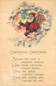 Christmas Greetings  SANTA CLAUS~Smoking Pipe & Poem 1921 Holiday Postcard