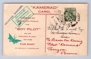 KAMERDAD CALCUTTA INDIA RANGOON FIRST FLIGHT SMITH SIGNED AVIATION POSTCARD 1929