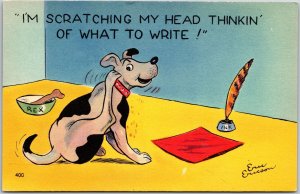 Dog Thinking To Write Bone Ink & Paper Scratching Head Comic Card Postcard