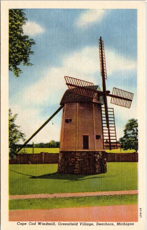 Cape Cod Windmill Greenfield Village Dearborn Michigan MI Linen Postcard UNP VTG 