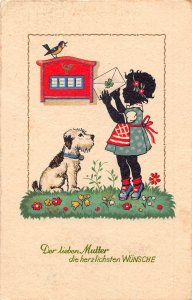 Silhouette Little Girl Letter in Post Box Dogs Shamrock Flowers Bird postcard